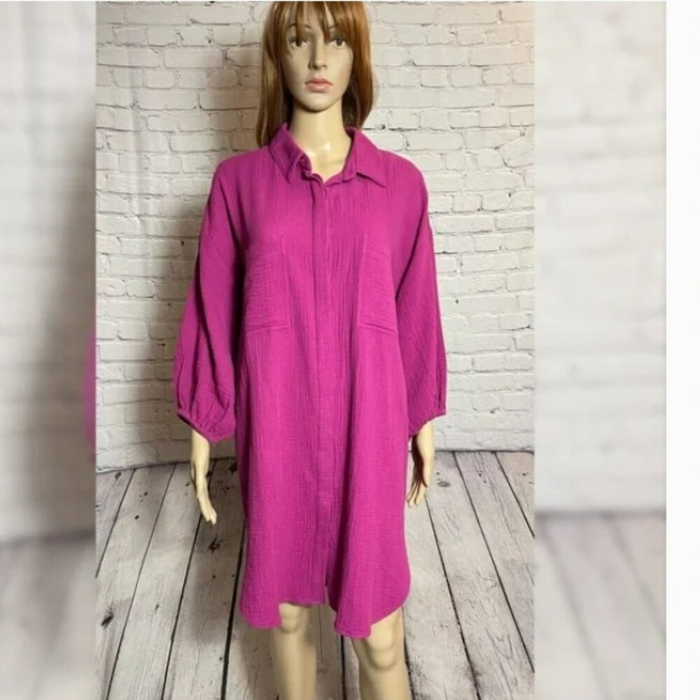 NWT New Young Fabulous & Broke Pink Cotton Textured Shirtdress Size 1X